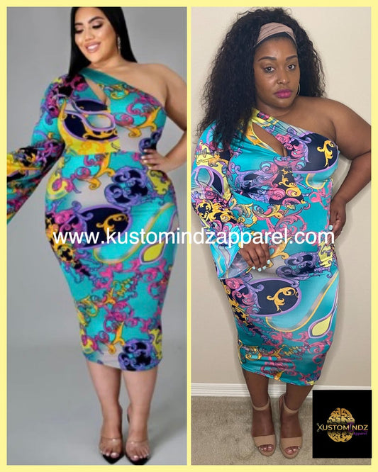 Turquoise paisley one shoulder midi - Kustomindz Apparel