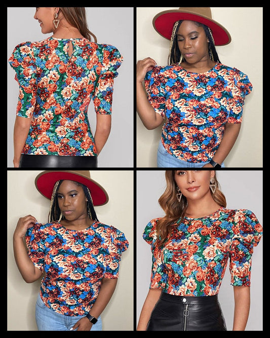 Floral puff sleeve blouse - Kustomindz Apparel