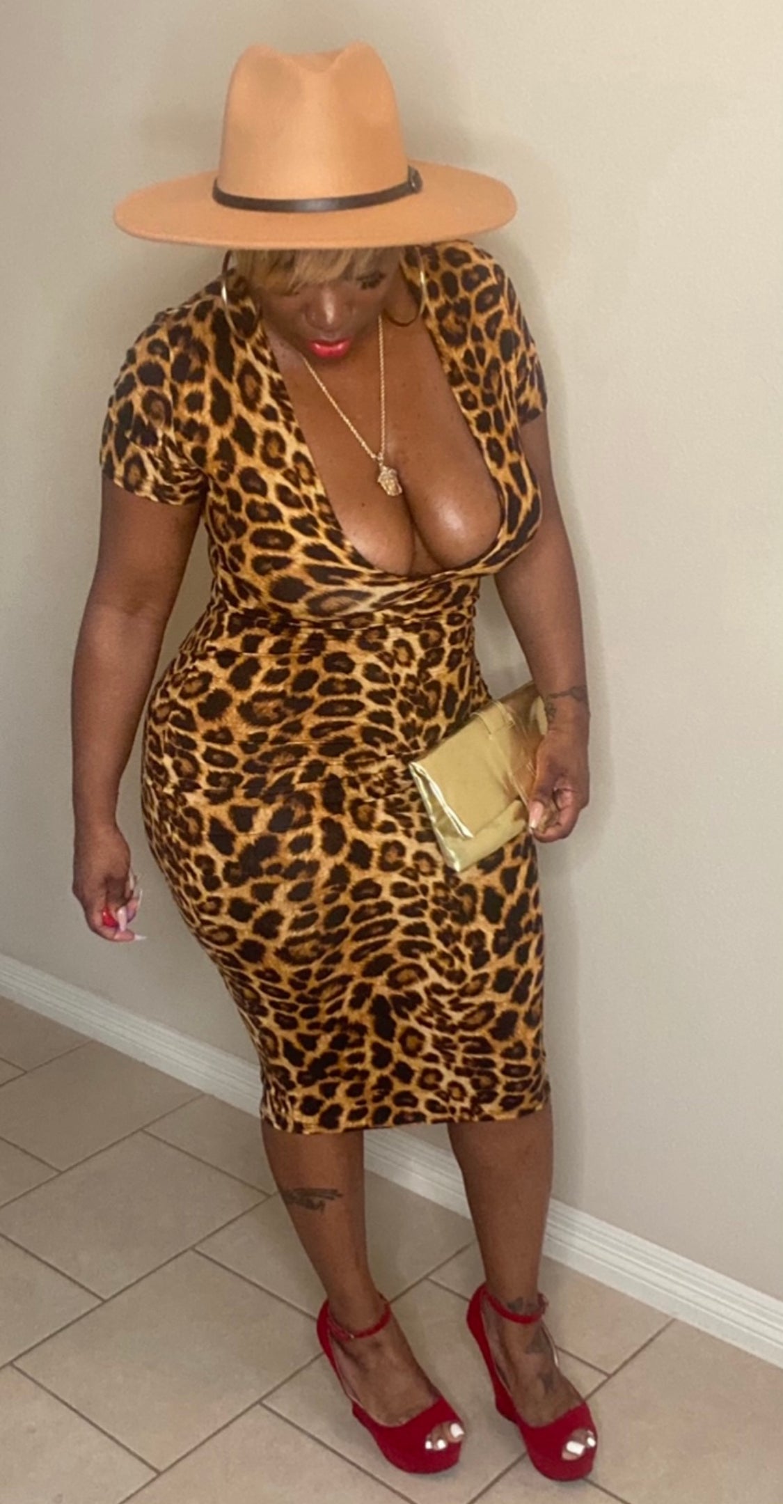 Low cut cheetah midi dress